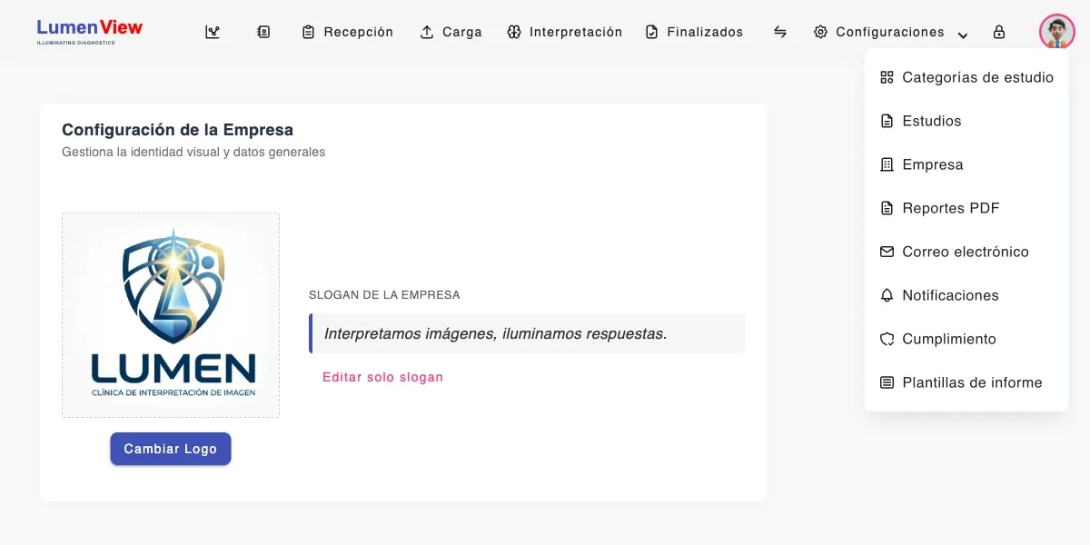 Captura del menú de Configuraciones con sus ocho apartados